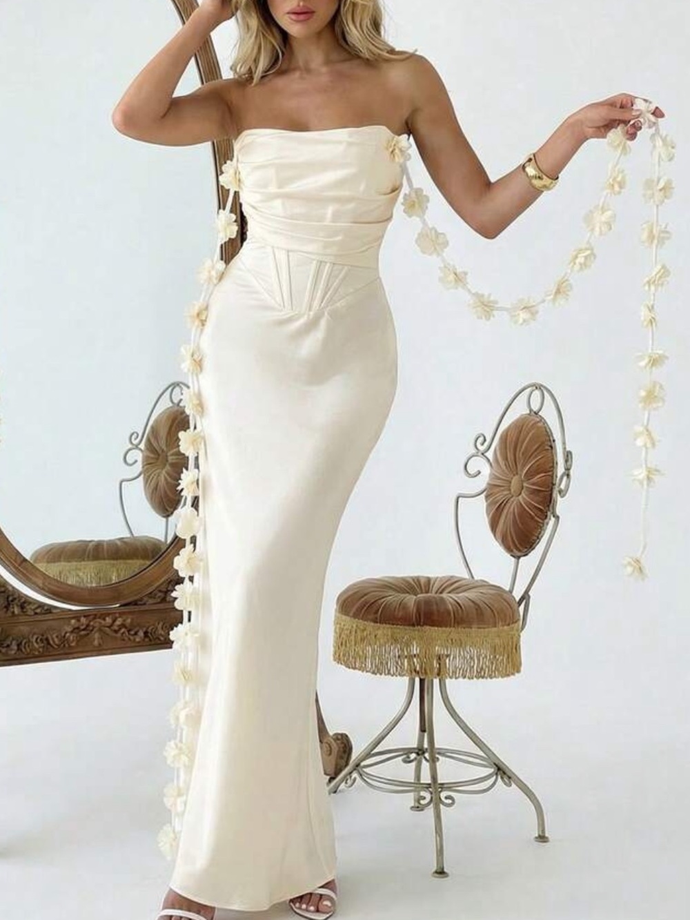 Ivory Strapless Satin Column Dress